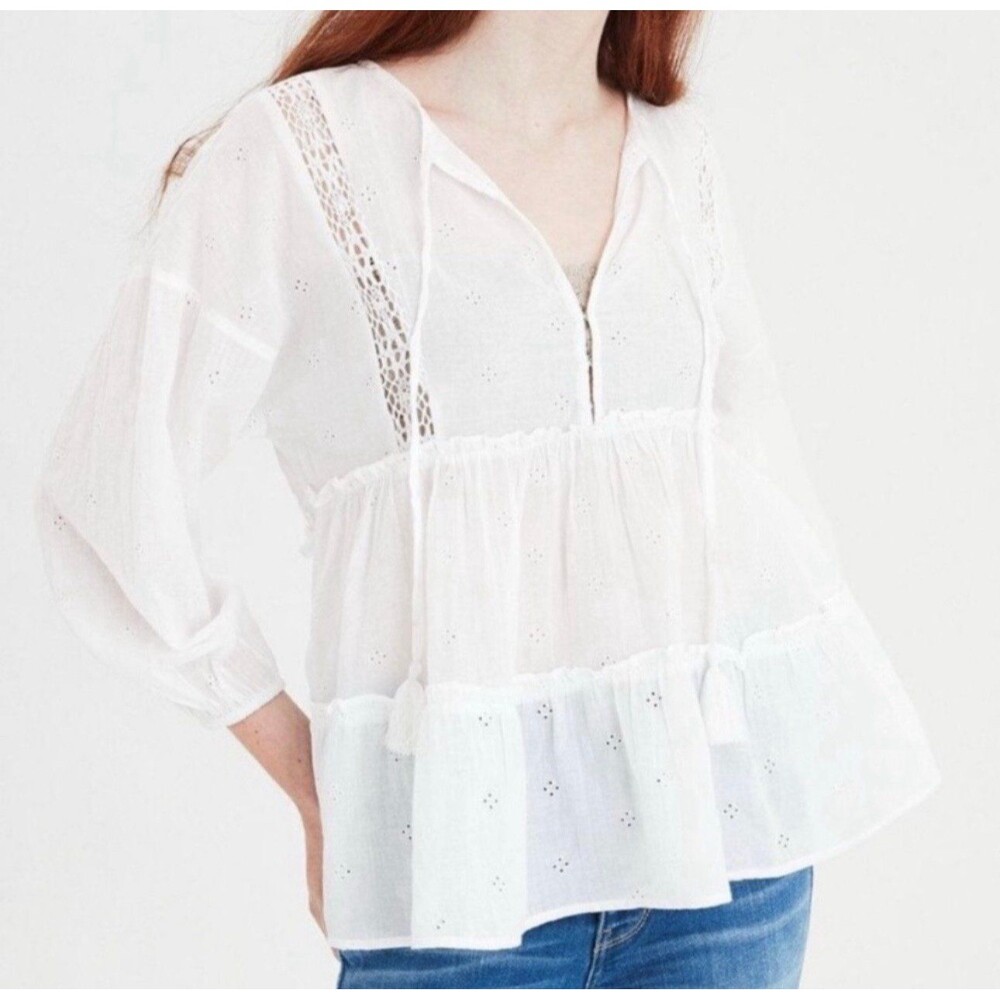 American Eagle Semi Sheer Bohemian Crochet Eyelet Tiered Peasant Blouse S